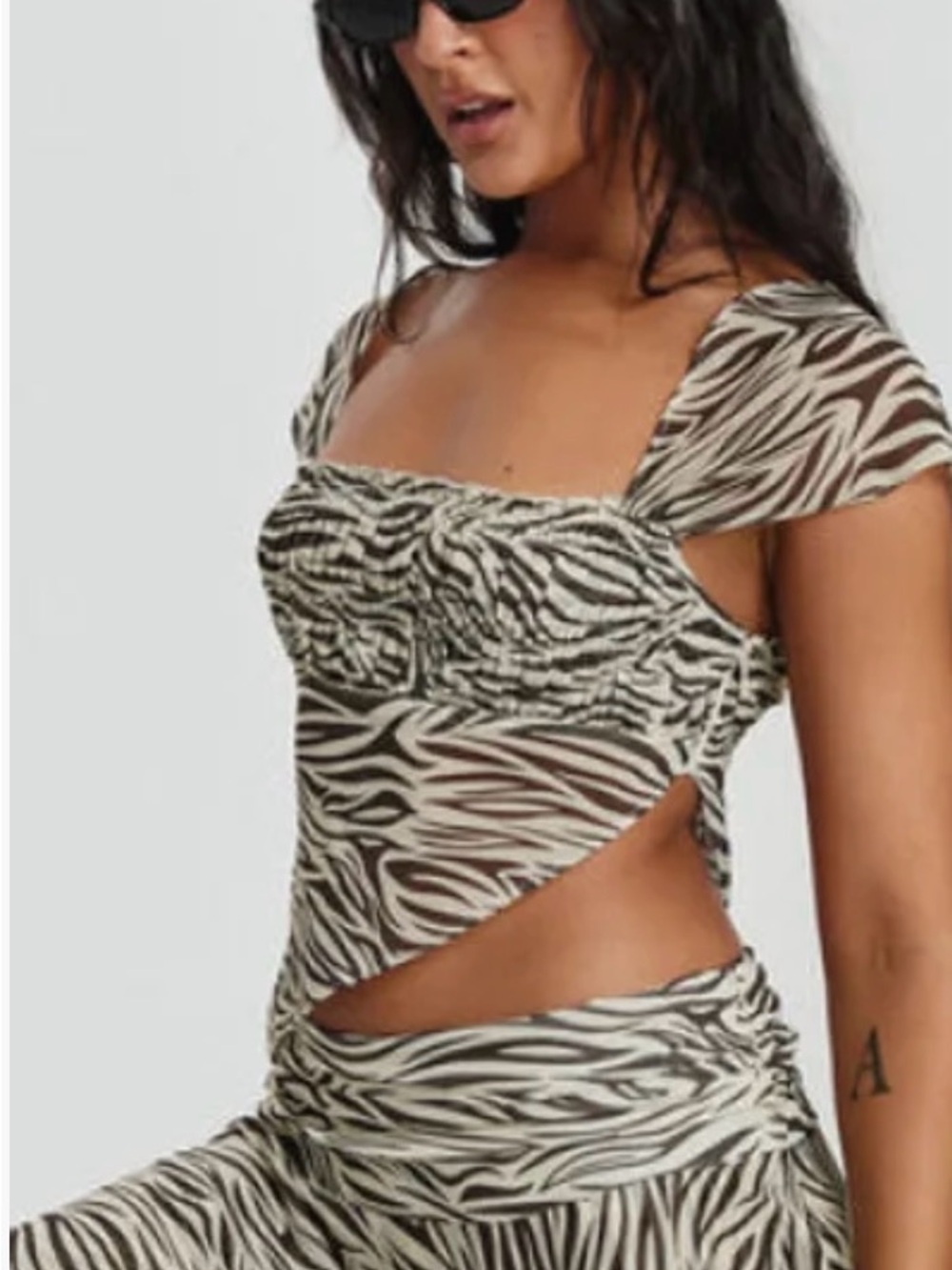 Lioness Zebra-Print Ruched Square Neck Camisole in Cream and Black